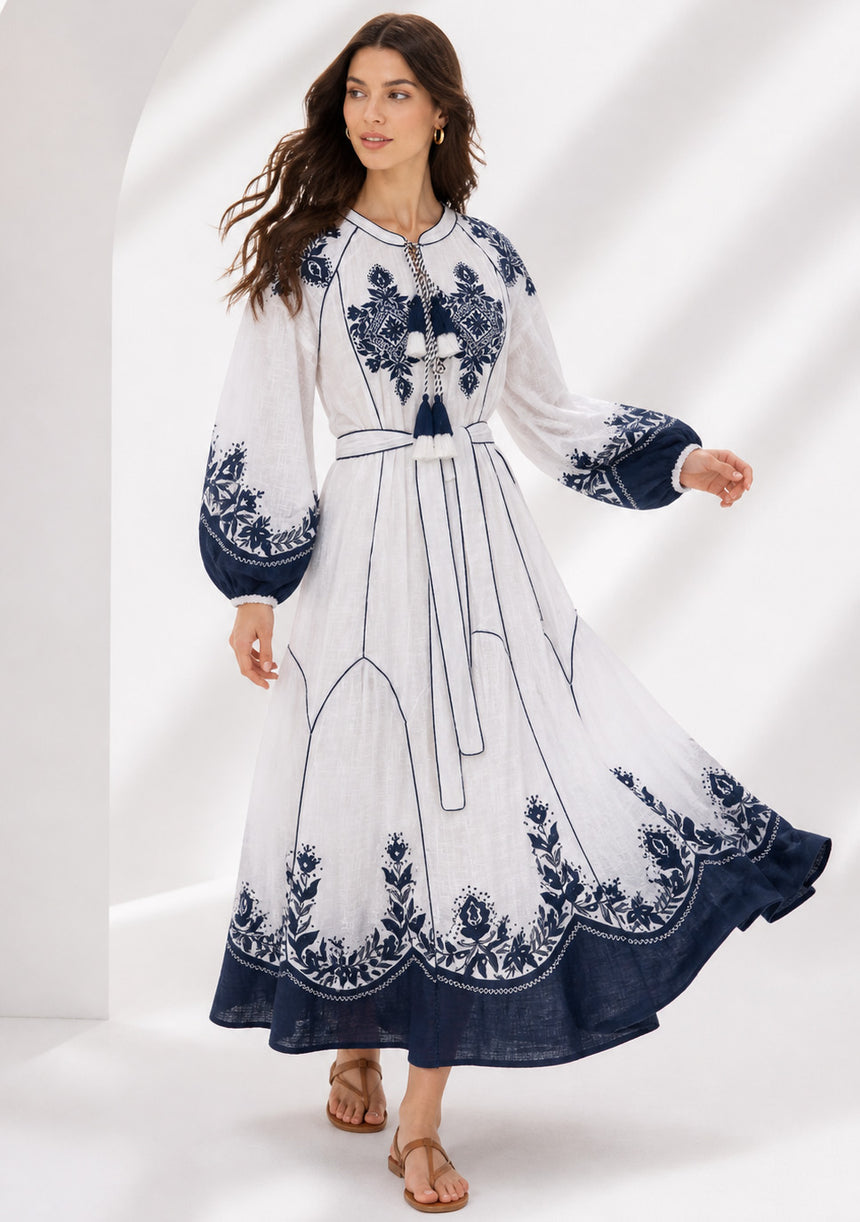 Vestido largo de algodón de cuello redondo para mujer - Naisha