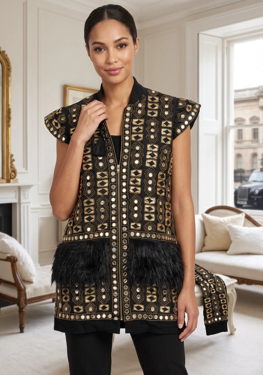 ibBan Women's Luxury Hand Embroidered Winter Vest Coat - Isobel