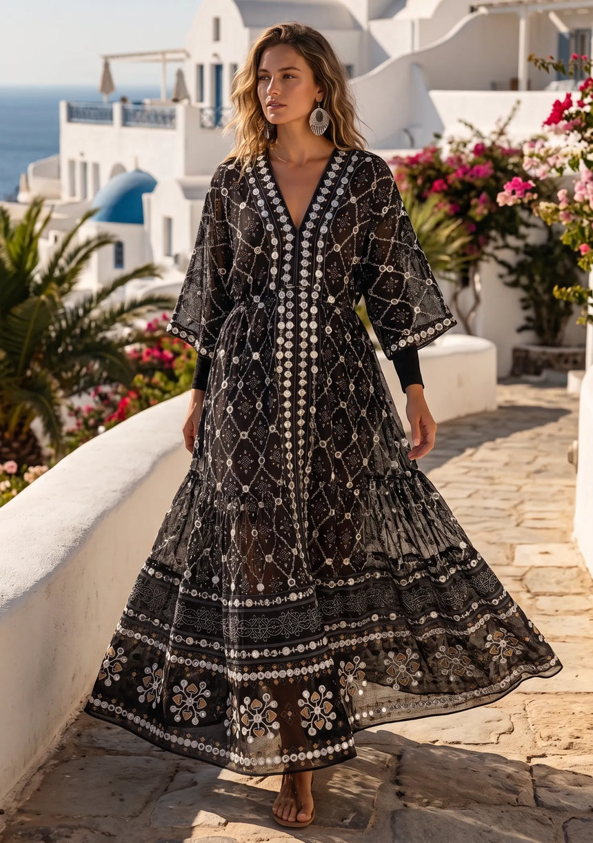 ibBan Hand Embroidered Cotton Maxi Dress | Luxury Boho Resort -Fabiya