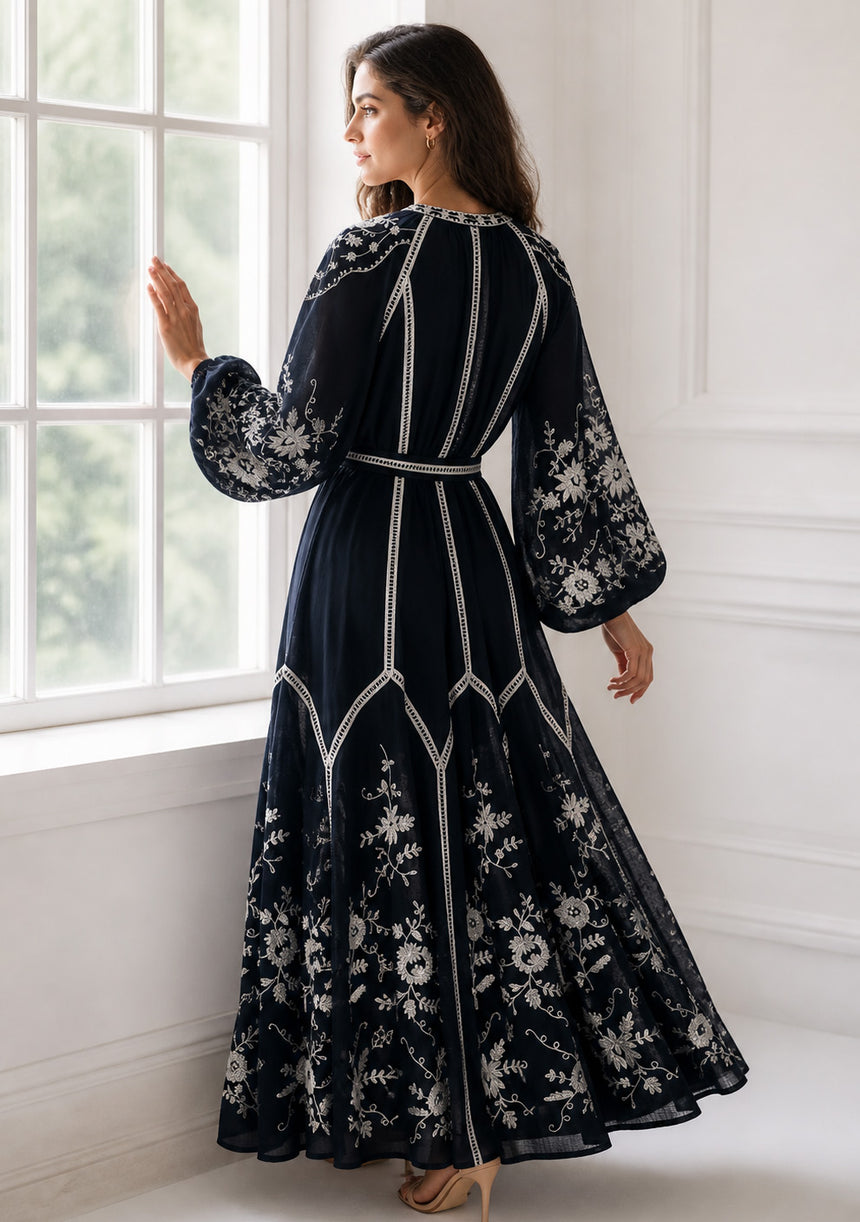 Vestido largo de algodón con cuello redondo para mujer - Bisma