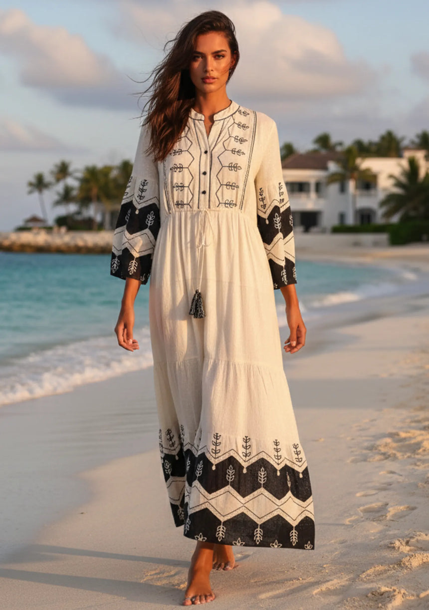 ibBan Cotton Long Tunic Dress with Hand Embroidery - Hira Long Tunic