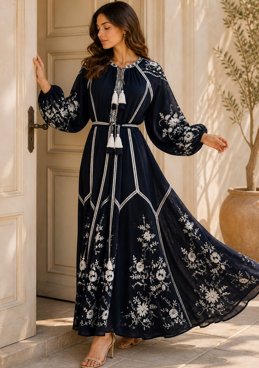 Vestido largo de algodón con cuello redondo para mujer - Bisma