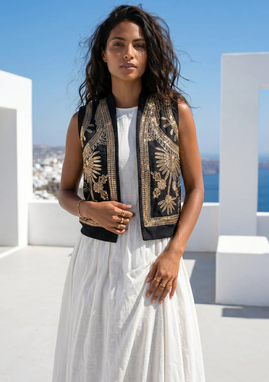 ibBan Hand Embroidered Cotton Canvas Gilet | Luxury Women's Statement Vest - Yara