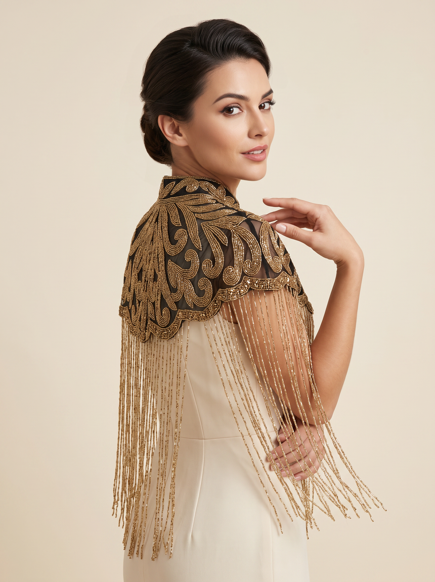 ibBan Beaded Net Neck Cape with Fringe - Linda