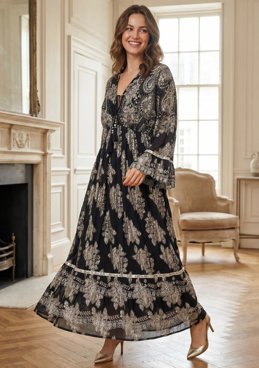 ibBan Hand Embroidered Cotton Lurex Winter Maxi Dress | Luxury Women's Fashion - Sofiya