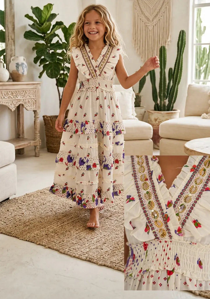 Robe longue en coton à col en V pour fille - Aina