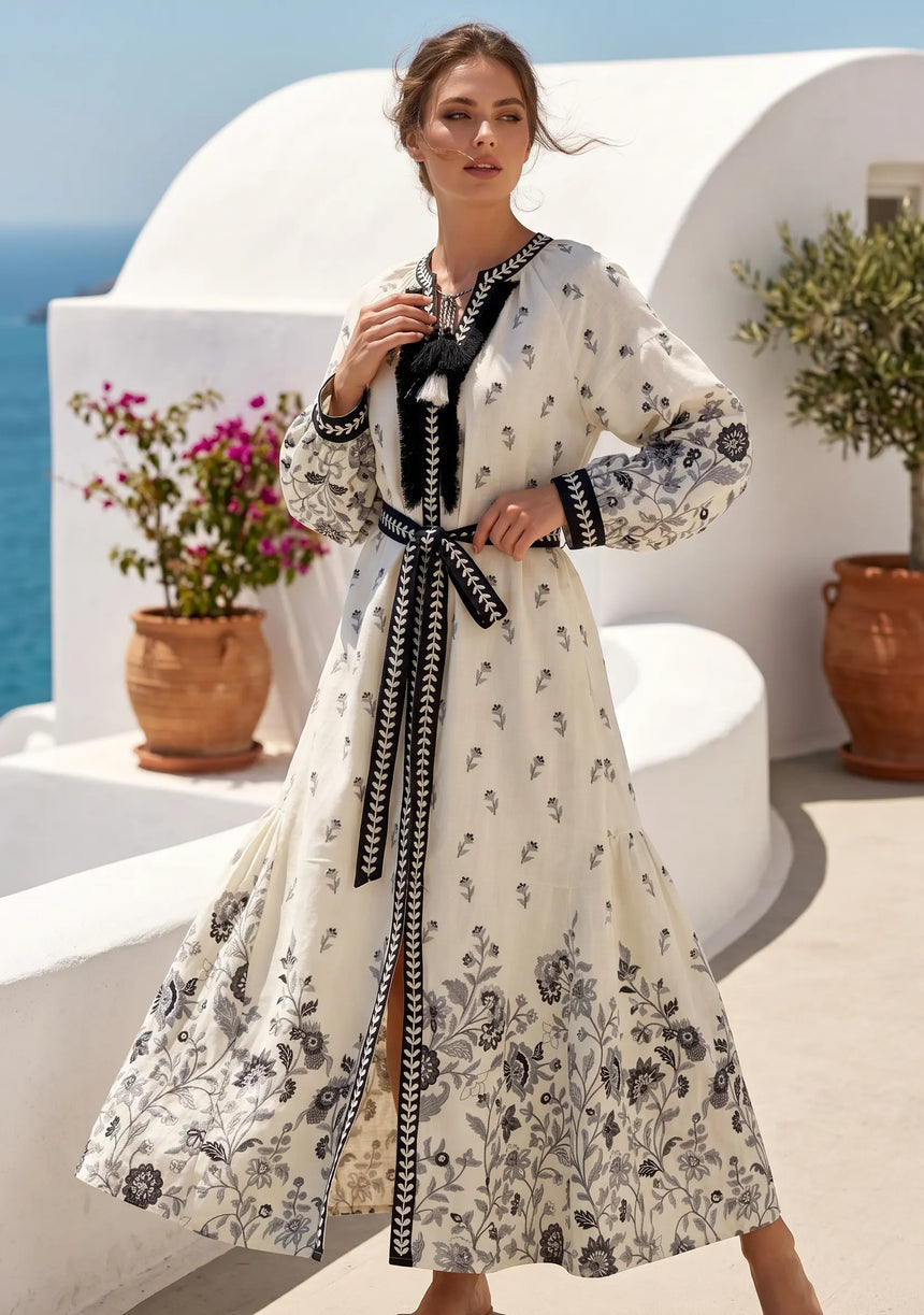 ibBan Printed Cotton Maxi Dress with Hand Embroidery | Luxury Resort Wear - Aizal long dress