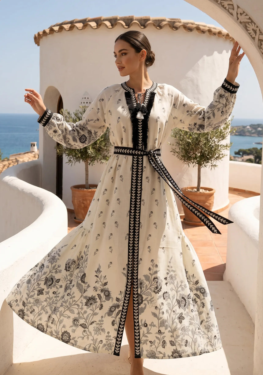 ibBan Printed Cotton Maxi Dress with Hand Embroidery | Luxury Resort Wear - Aizal long dress