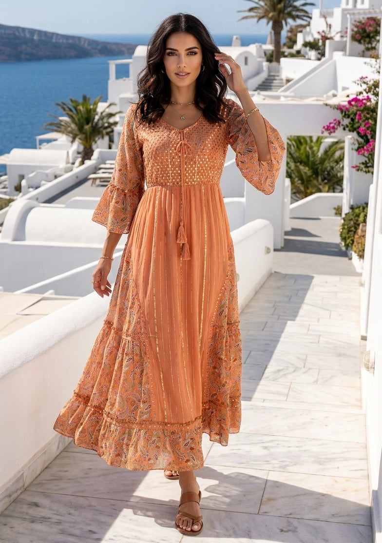 Women's Hand Embroidered Printed Shimmer Cotton Long Dress Round Tie-Up Neck- Marina