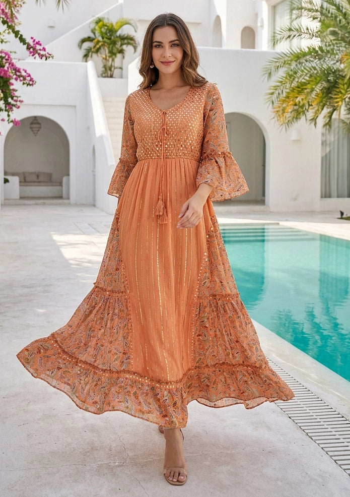 Women's Hand Embroidered Printed Shimmer Cotton Long Dress Round Tie-Up Neck- Marina