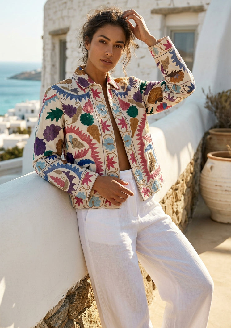 Women's Artisan Hand Embroidery Cotton Canvas Jacket - Ziva