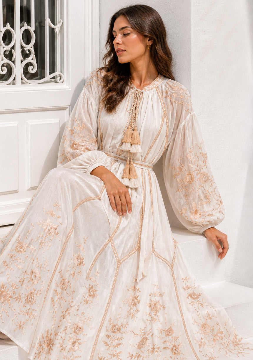 Vestido largo de algodón con cuello redondo para mujer - Bisma