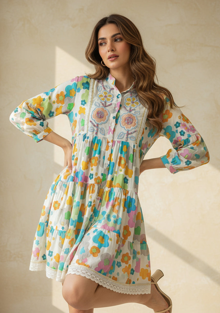 ibBan Printed Cotton Hand Embroidered Short Tunic Dress -Romy