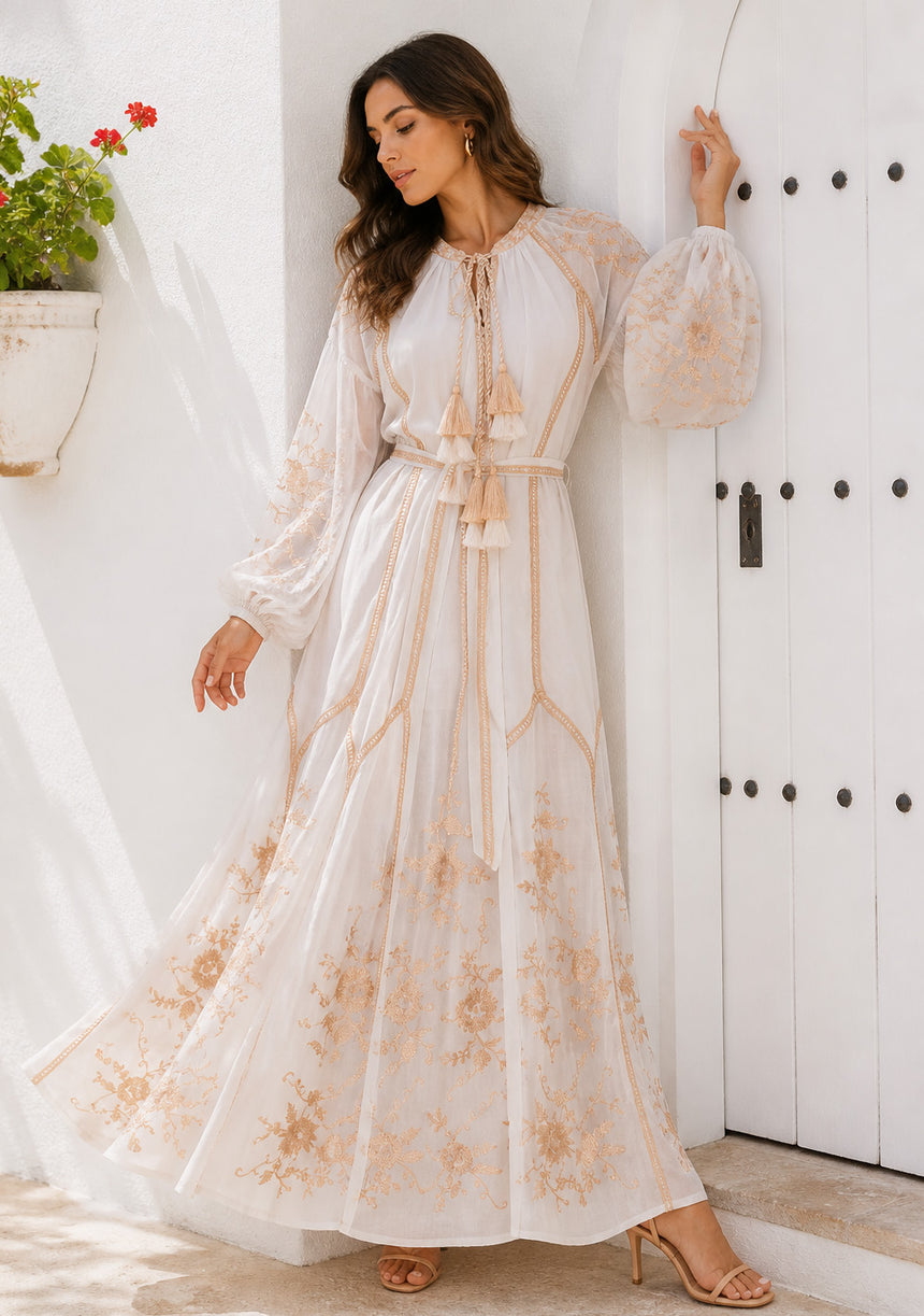 Vestido largo de algodón con cuello redondo para mujer - Bisma