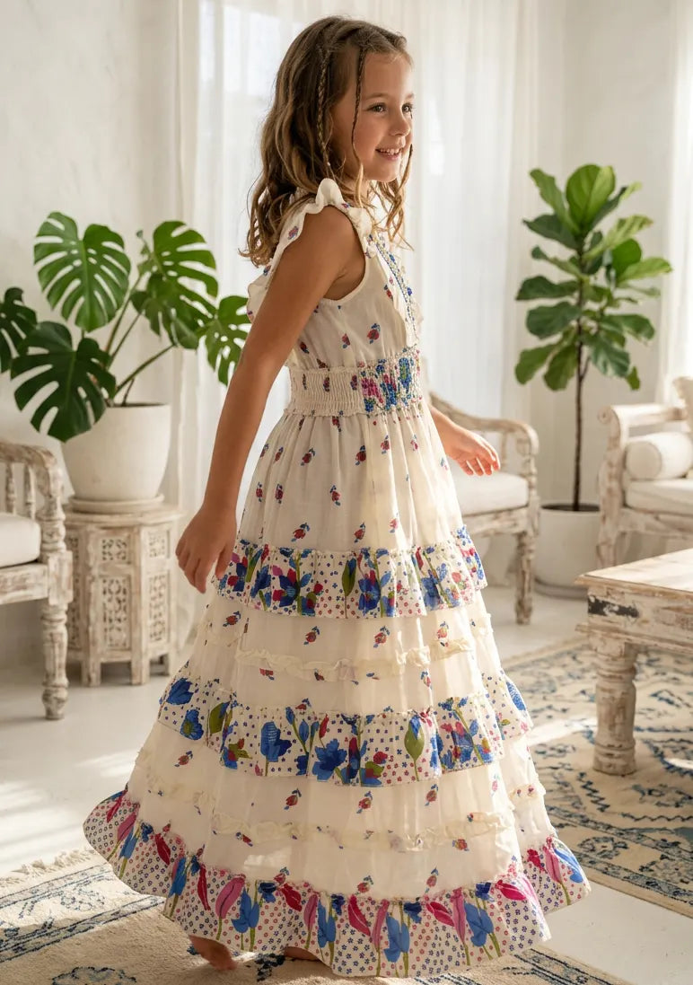 Robe longue en coton à col en V pour fille - Aina