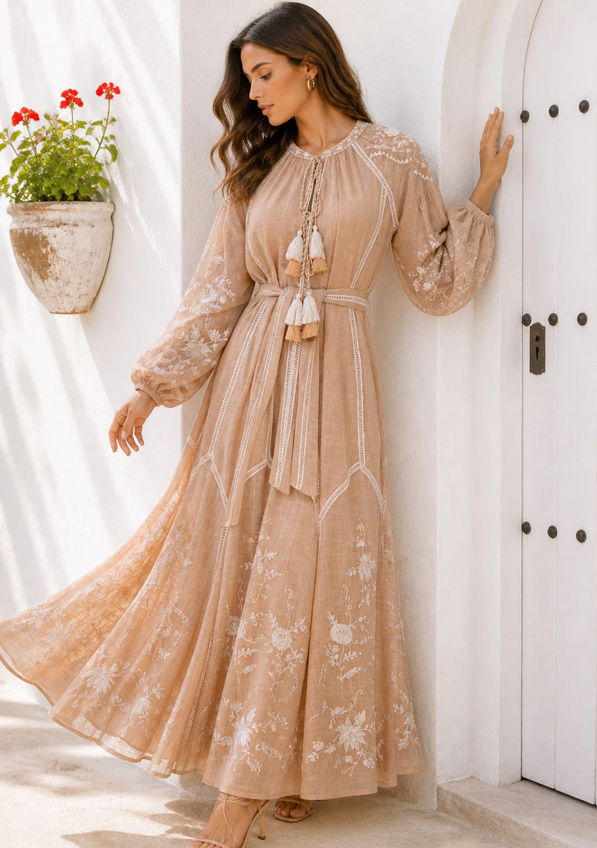 Vestido largo de algodón con cuello redondo para mujer - Bisma