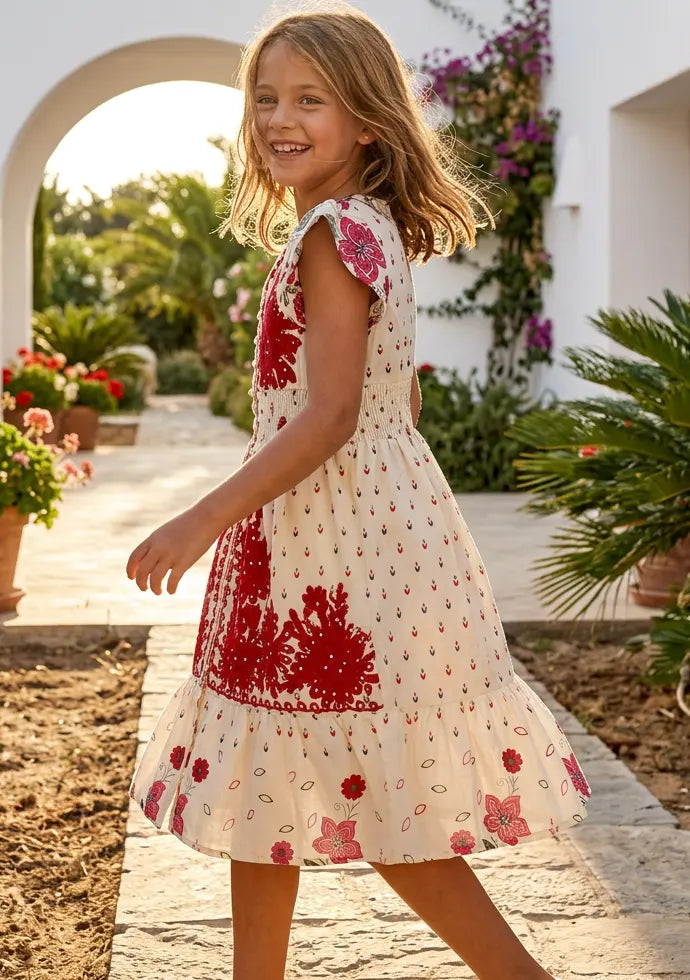 Robe en coton imprimé col en V pour fille - Yamira