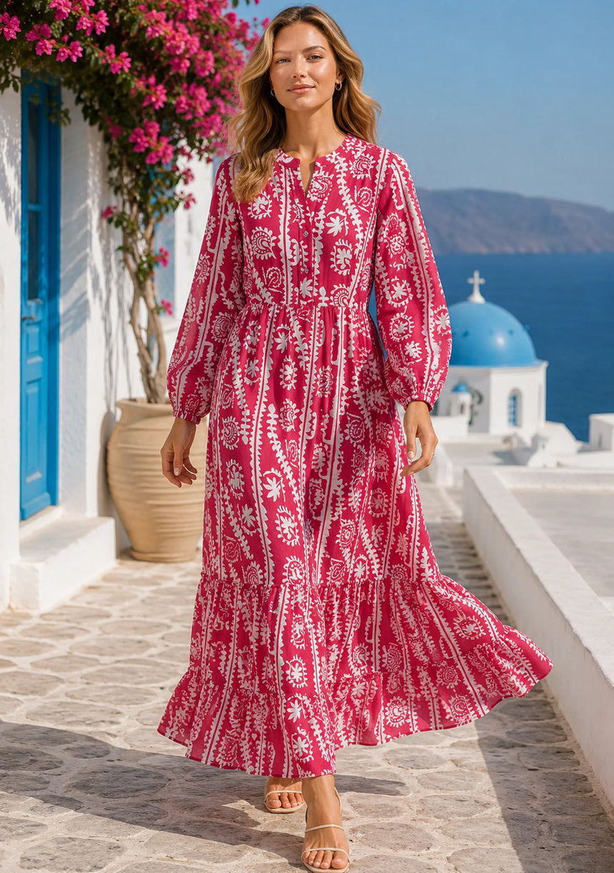 Maxivestido de algodón con cuello en V para mujer - Asheer