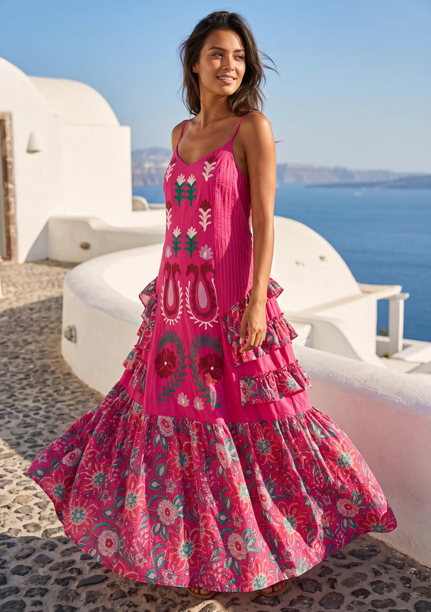 ibBan Embroidered Cotton Strap Maxi Dress with Floral Print - Huwa