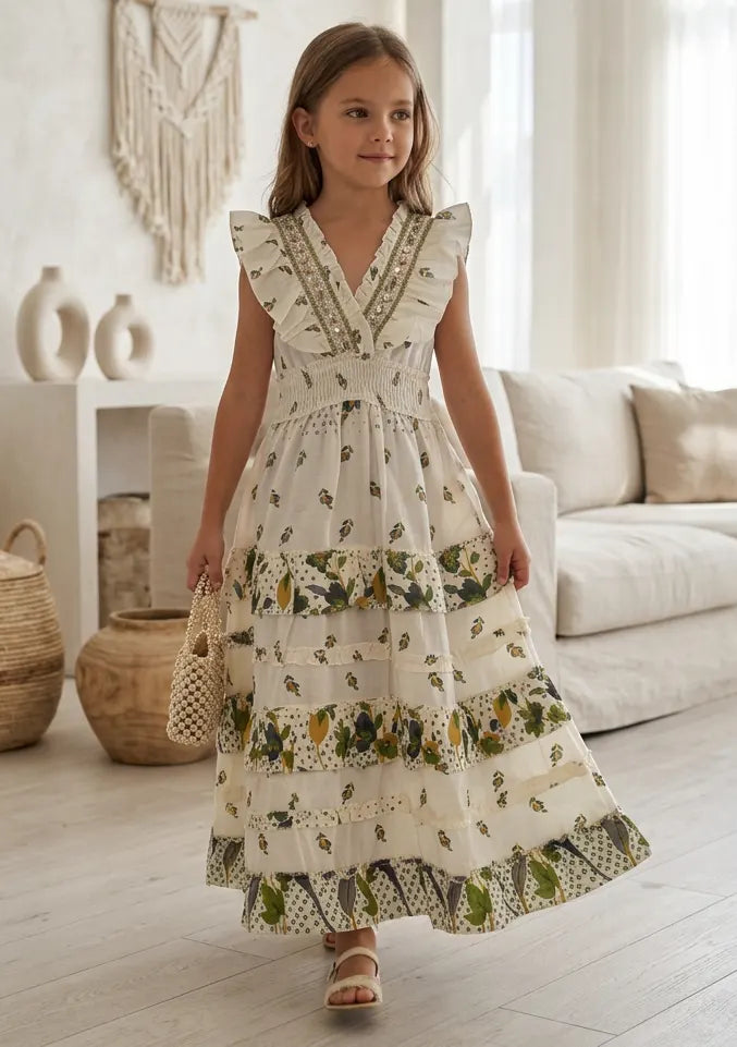 Robe longue en coton à col en V pour fille - Aina