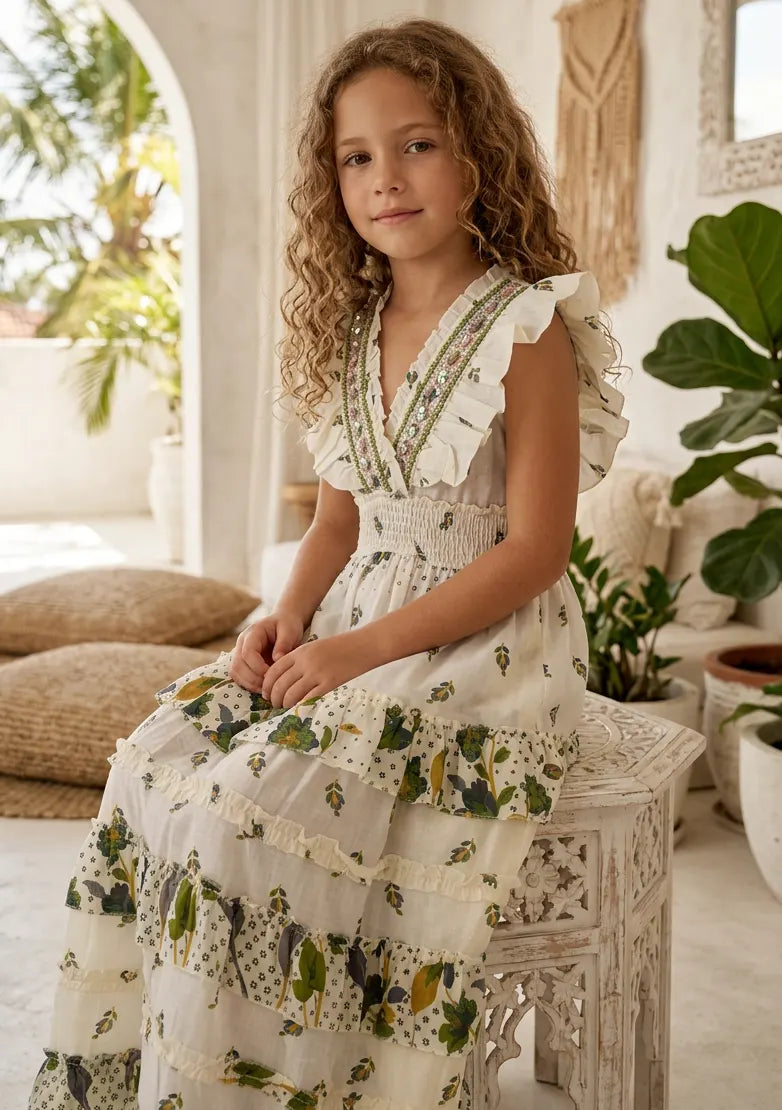 Robe longue en coton à col en V pour fille - Aina