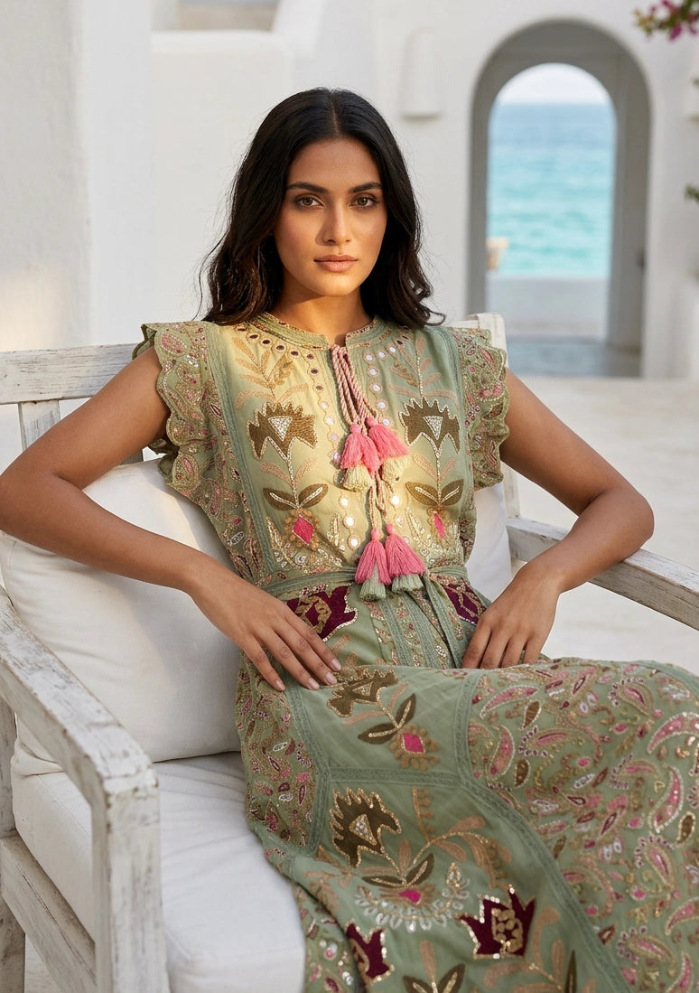 Women's Hand Embroidered Luxury Cotton Long Dress Round Tie-Up Neck - Seliza
