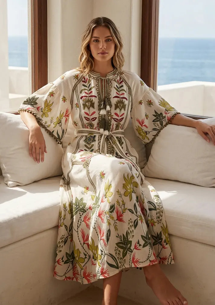 Women's Hand Embroidered Luxury Cotton Long Dress Round Tie-Up Neck - Ashira