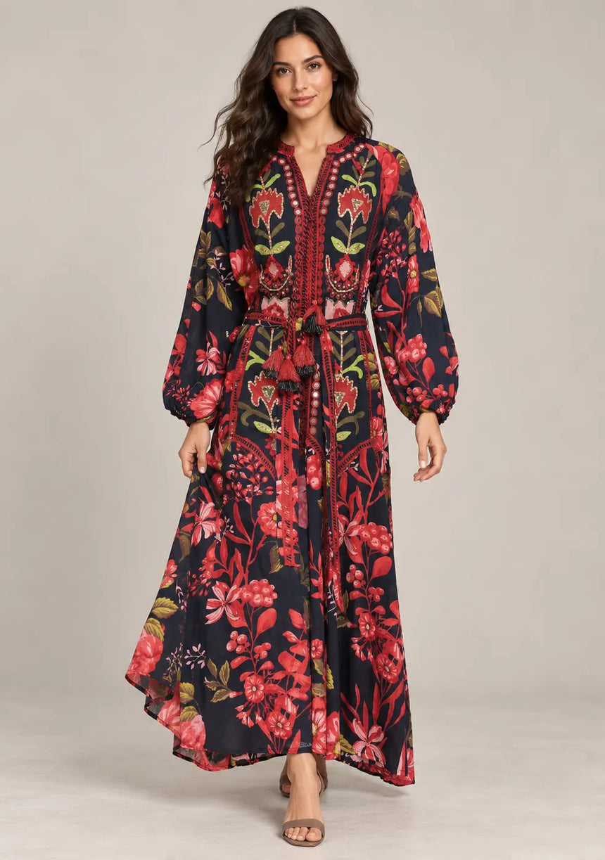 IbBan Black Floral Print Cotton Long Dress - Almasa