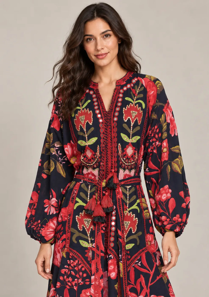 IbBan Black Floral Print Cotton Long Dress - Almasa