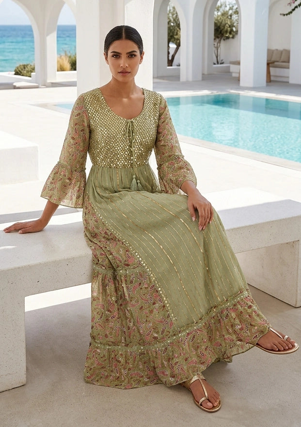 Women's Hand Embroidered Printed Shimmer Cotton Long Dress Round Tie-Up Neck- Marina