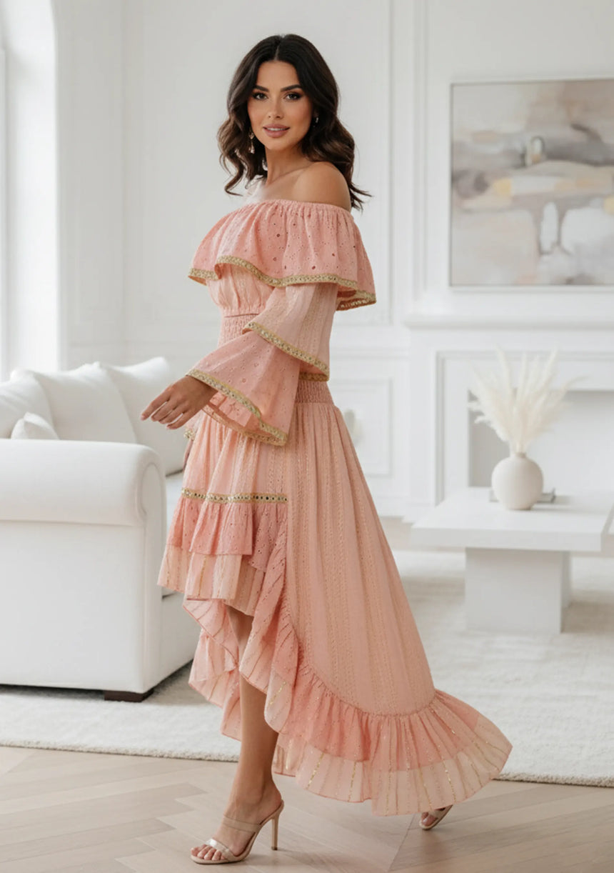 Vestido maxi de algodón bordado a mano de manga larga para mujer - Umida
