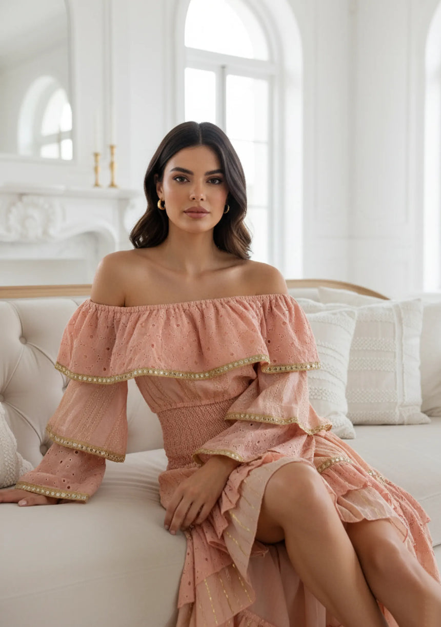 Vestido maxi de algodón bordado a mano de manga larga para mujer - Umida