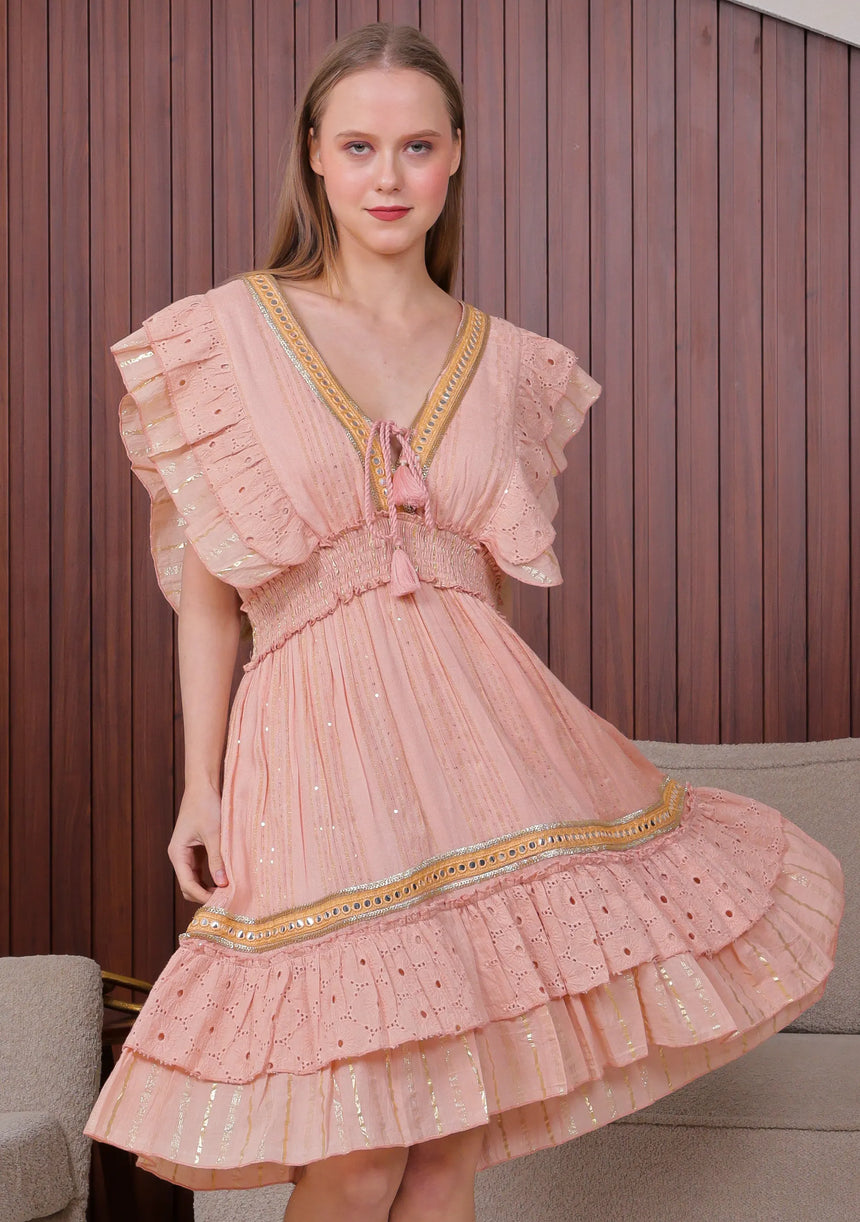 Women's Hand Embroidered Cotton Mini Dress V-Neck - Umida