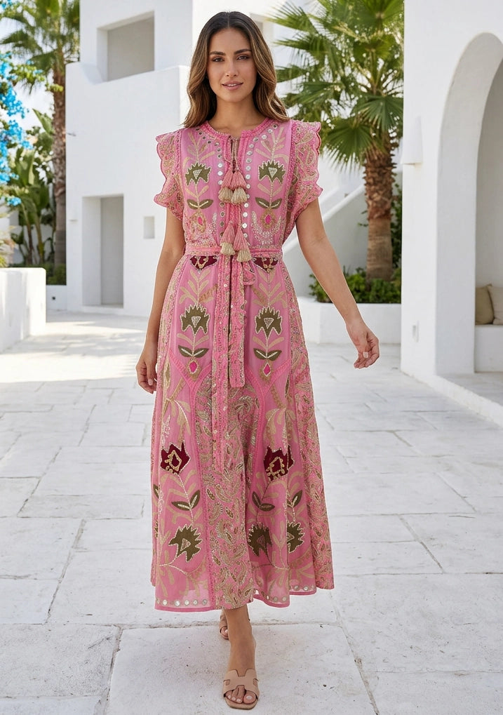 Women's Hand Embroidered Luxury Cotton Long Dress Round Tie-Up Neck - Seliza