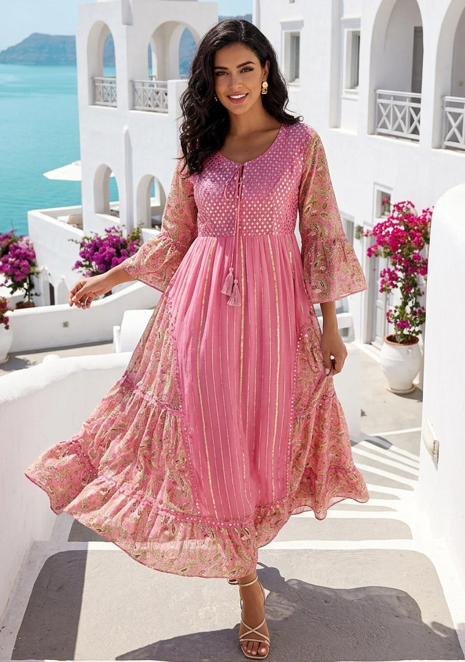 Women's Hand Embroidered Printed Shimmer Cotton Long Dress Round Tie-Up Neck- Marina