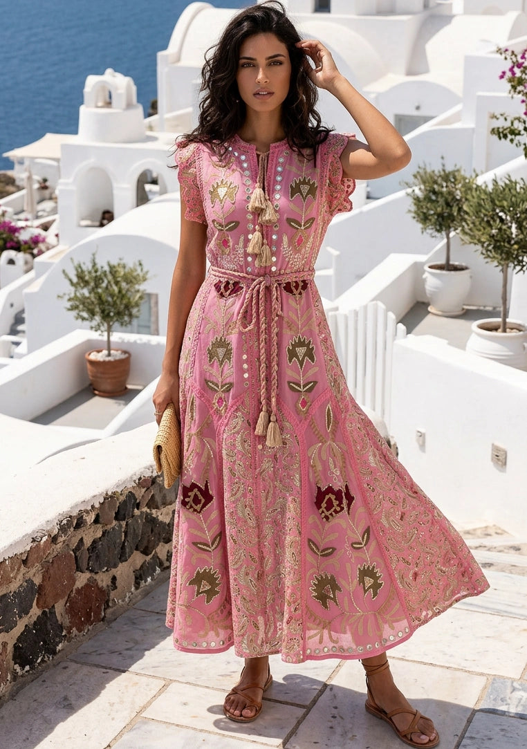 Women's Hand Embroidered Luxury Cotton Long Dress Round Tie-Up Neck - Seliza