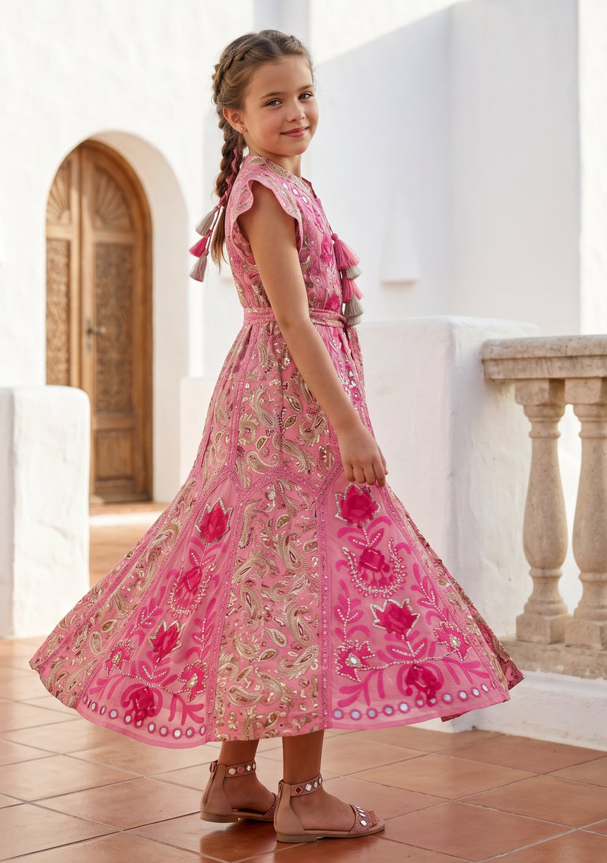 Girls' Shimmer Cotton dress Round Tie-Up Neck - Seliza