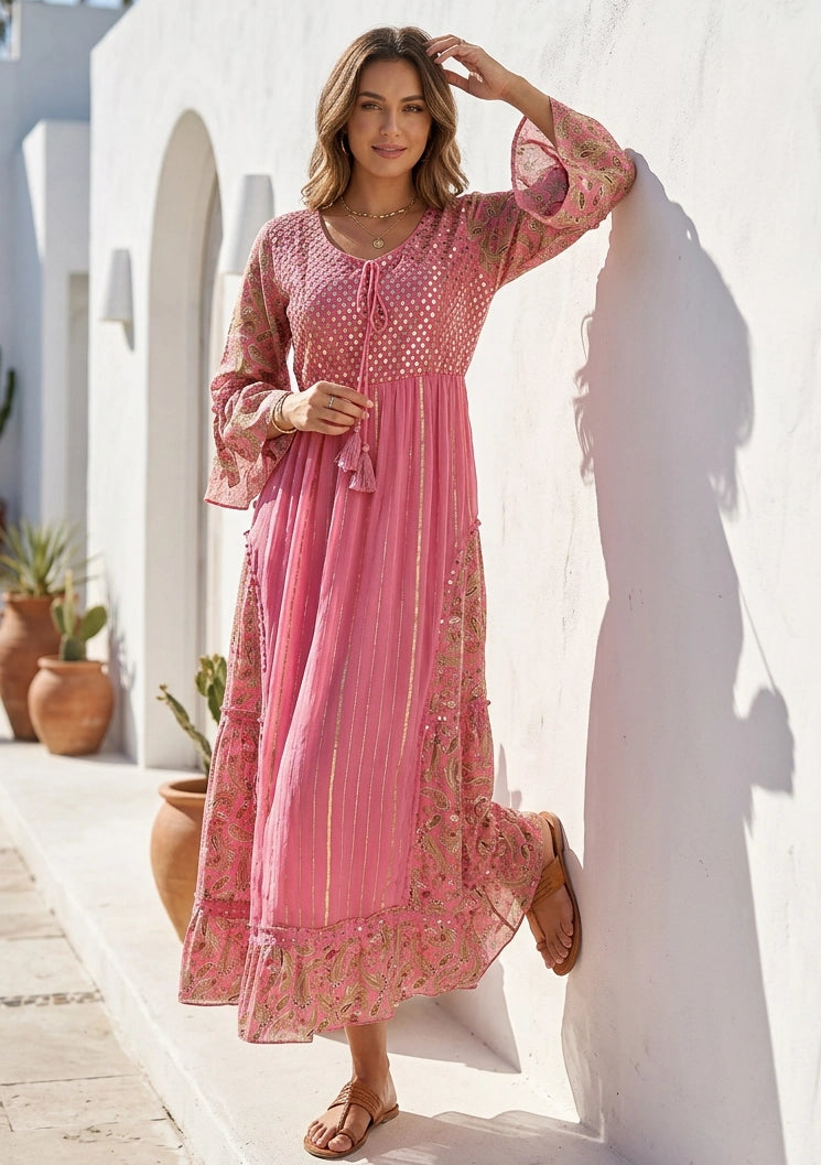 Women's Hand Embroidered Printed Shimmer Cotton Long Dress Round Tie-Up Neck- Marina