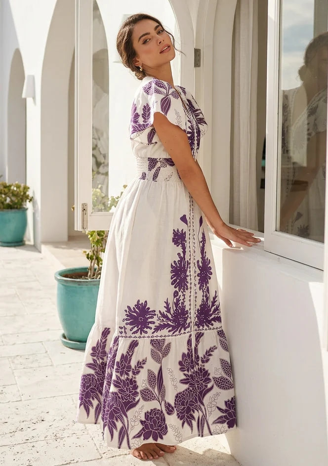 Women's Hand Embroidered Luxury Cotton Long Dress V- Neck - Yamira
