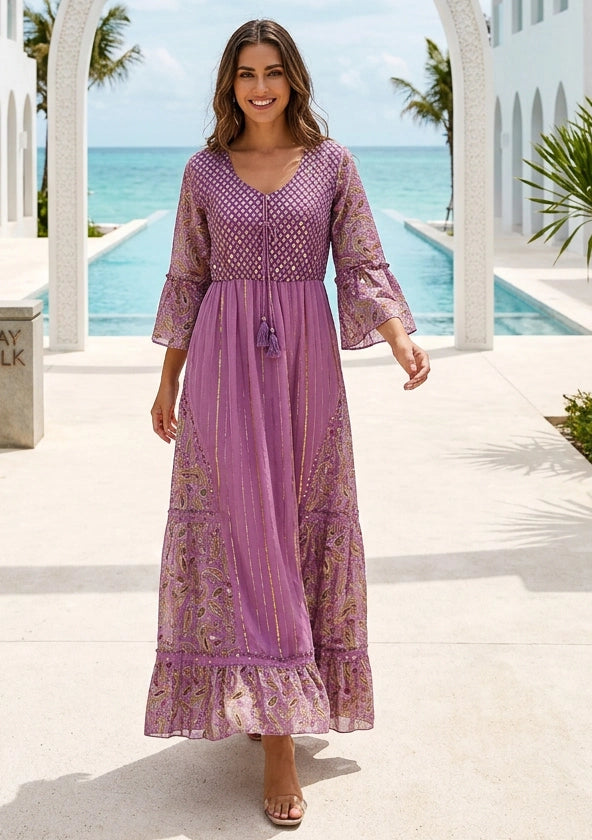 Women's Hand Embroidered Printed Shimmer Cotton Long Dress Round Tie-Up Neck- Marina