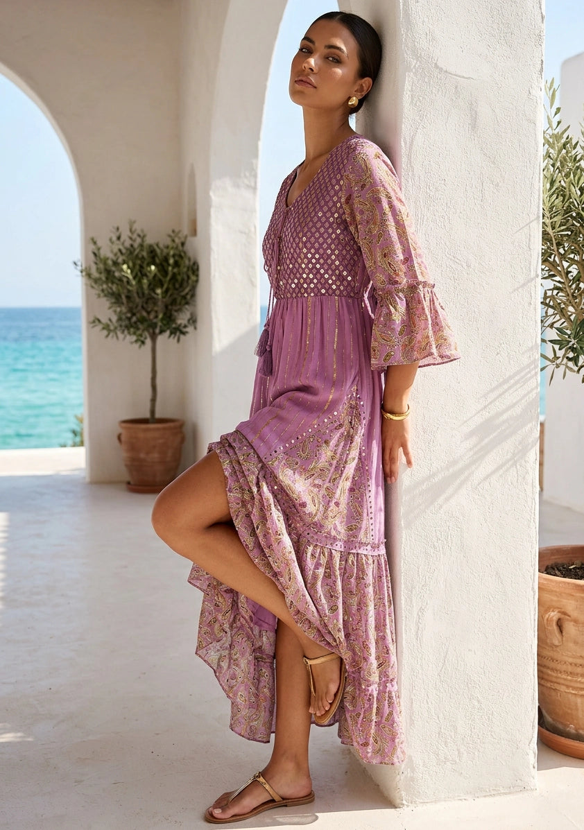 Women's Hand Embroidered Printed Shimmer Cotton Long Dress Round Tie-Up Neck- Marina