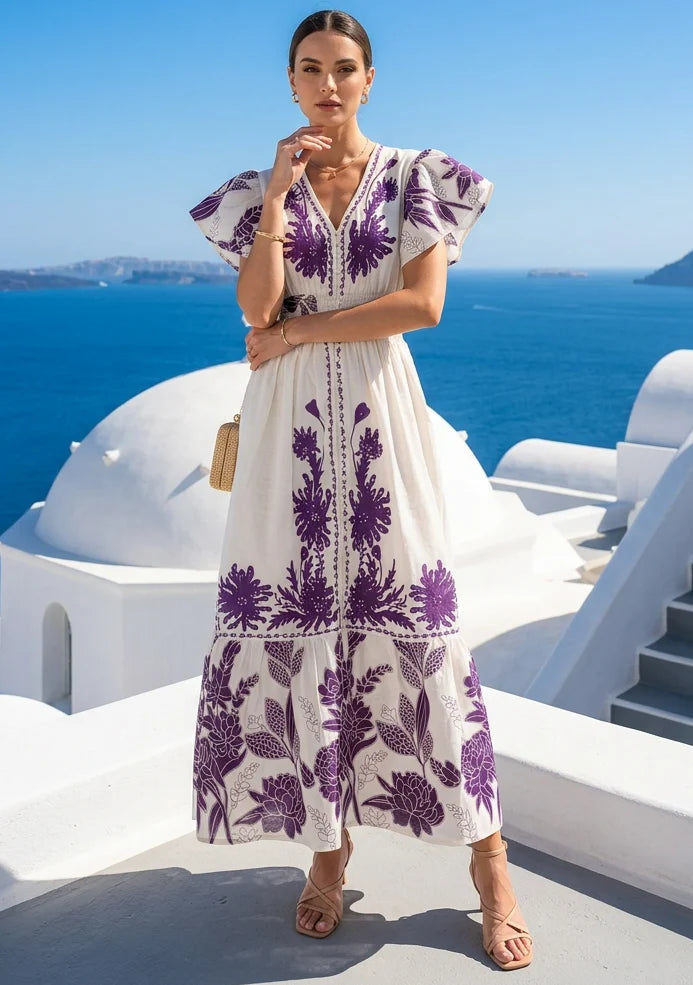 Women's Hand Embroidered Luxury Cotton Long Dress V- Neck - Yamira