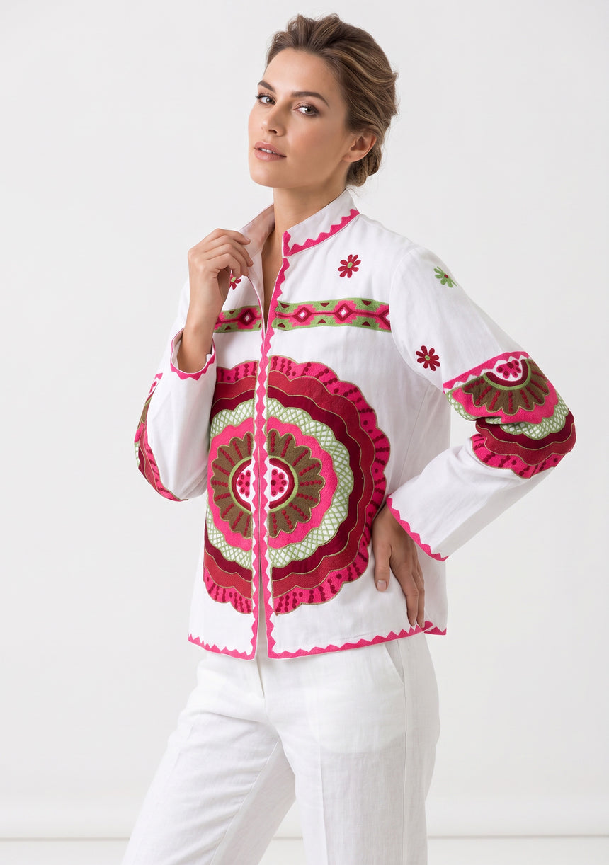 ibBan Women's Hand Embroidered Cotton Canvas Jacket - Sara | Collar Neck Artisan Boho