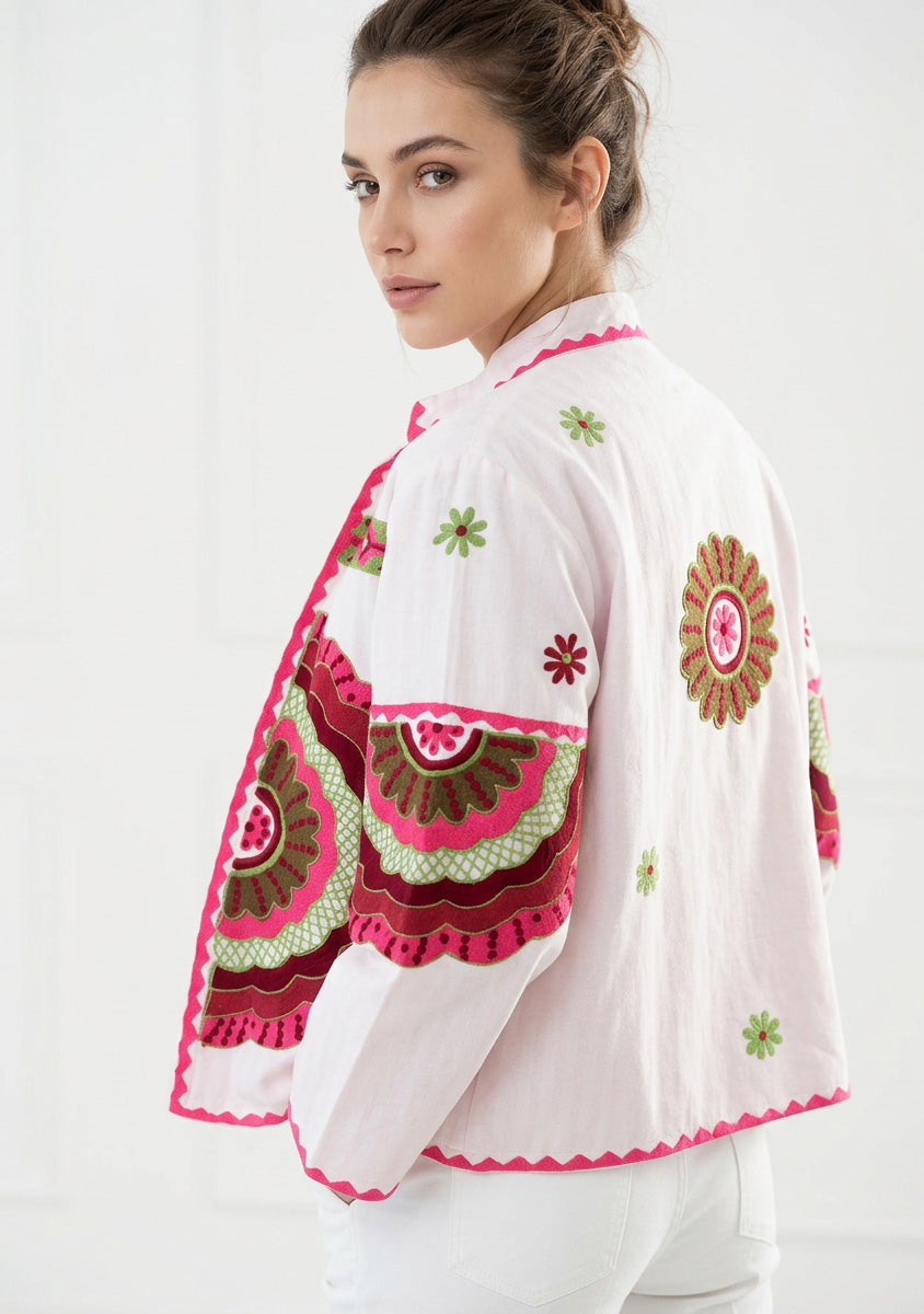 ibBan Women's Hand Embroidered Cotton Canvas Jacket - Sara | Collar Neck Artisan Boho