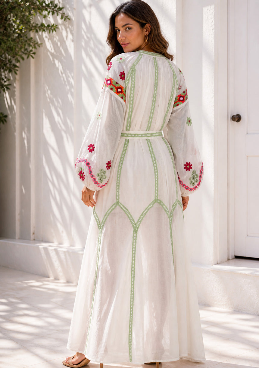 Vestido largo de algodón con cuello redondo para mujer - Raso