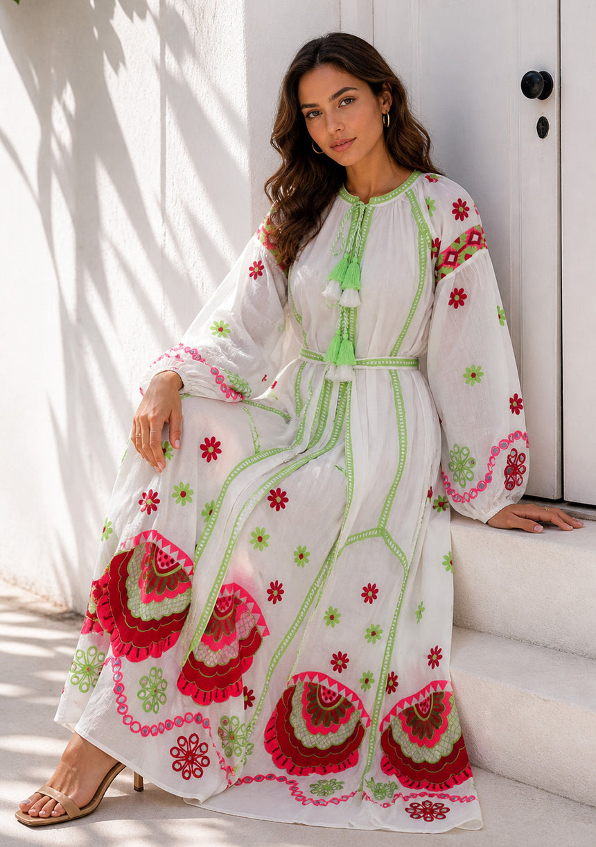 Vestido largo de algodón con cuello redondo para mujer - Raso