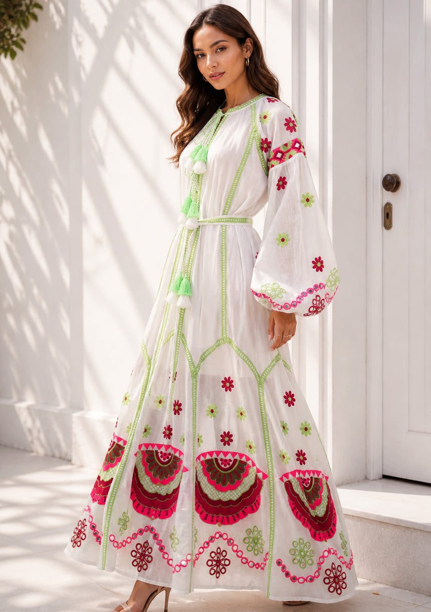 Vestido largo de algodón con cuello redondo para mujer - Raso