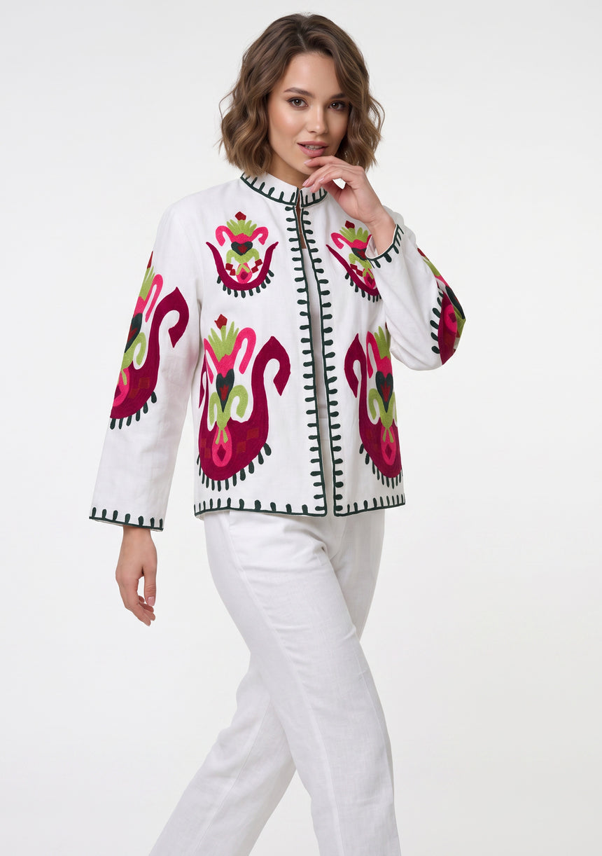 ibBan Women's Hand Embroidered Cotton Canvas Jacket - Sona | Collar Neck Artisan Boho