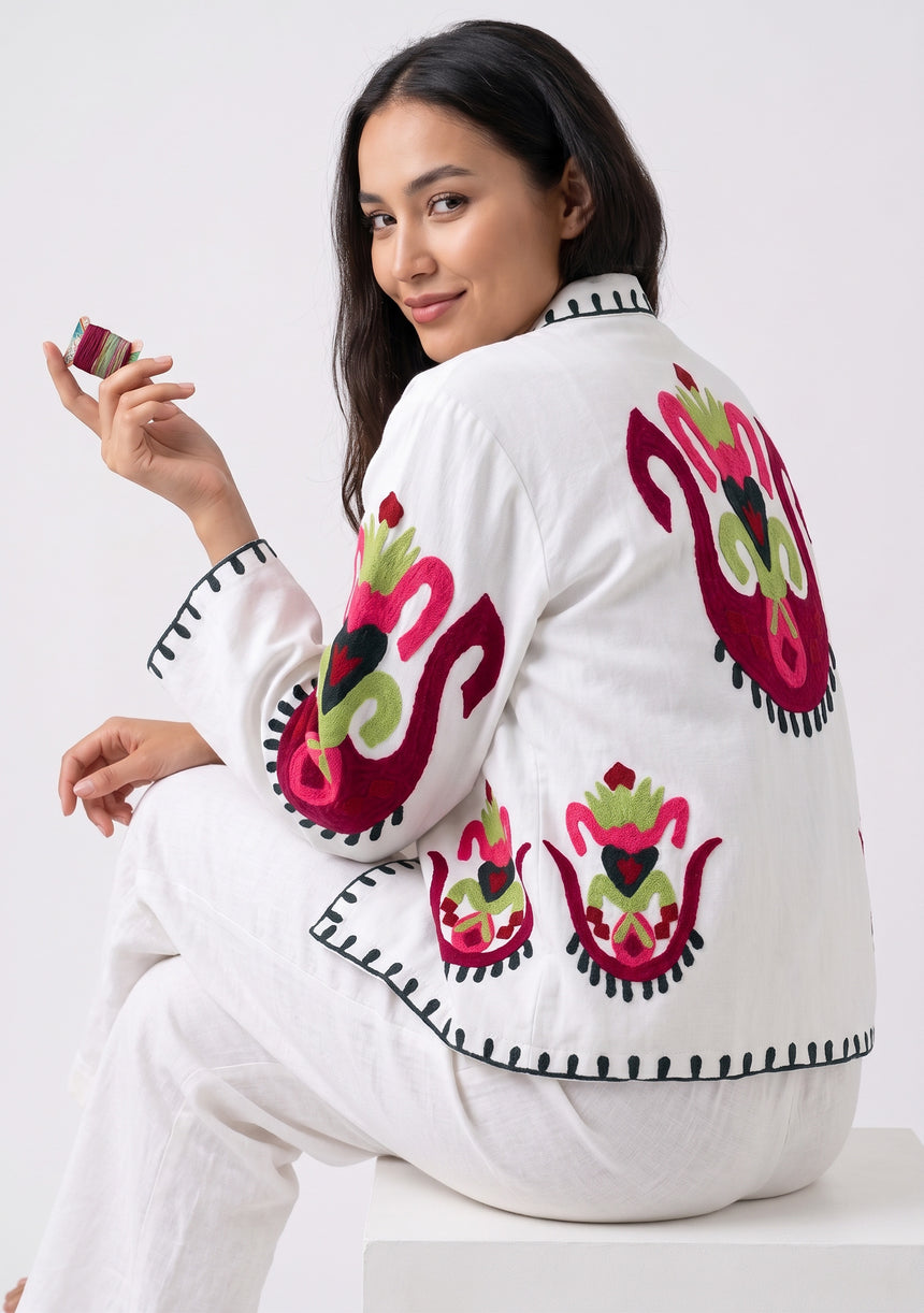 ibBan Women's Hand Embroidered Cotton Canvas Jacket - Sona | Collar Neck Artisan Boho