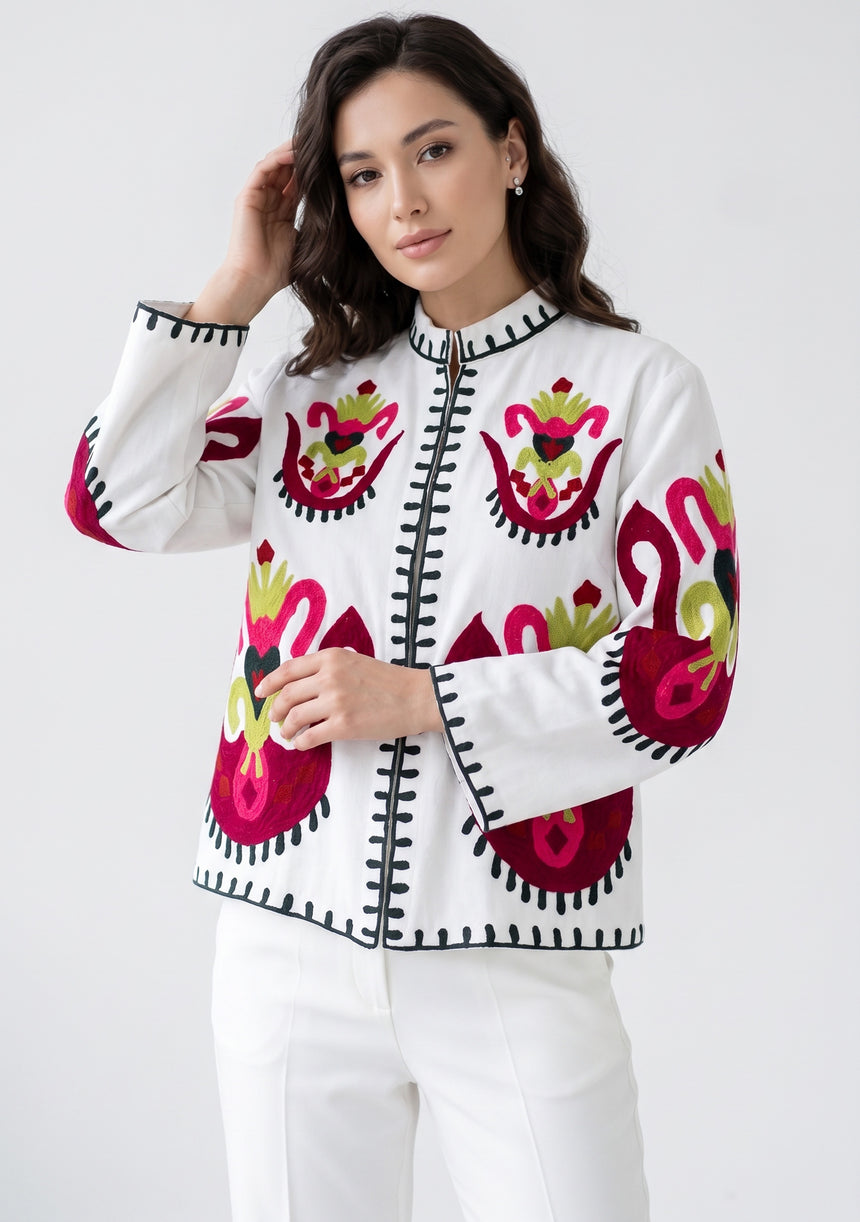 ibBan Women's Hand Embroidered Cotton Canvas Jacket - Sona | Collar Neck Artisan Boho